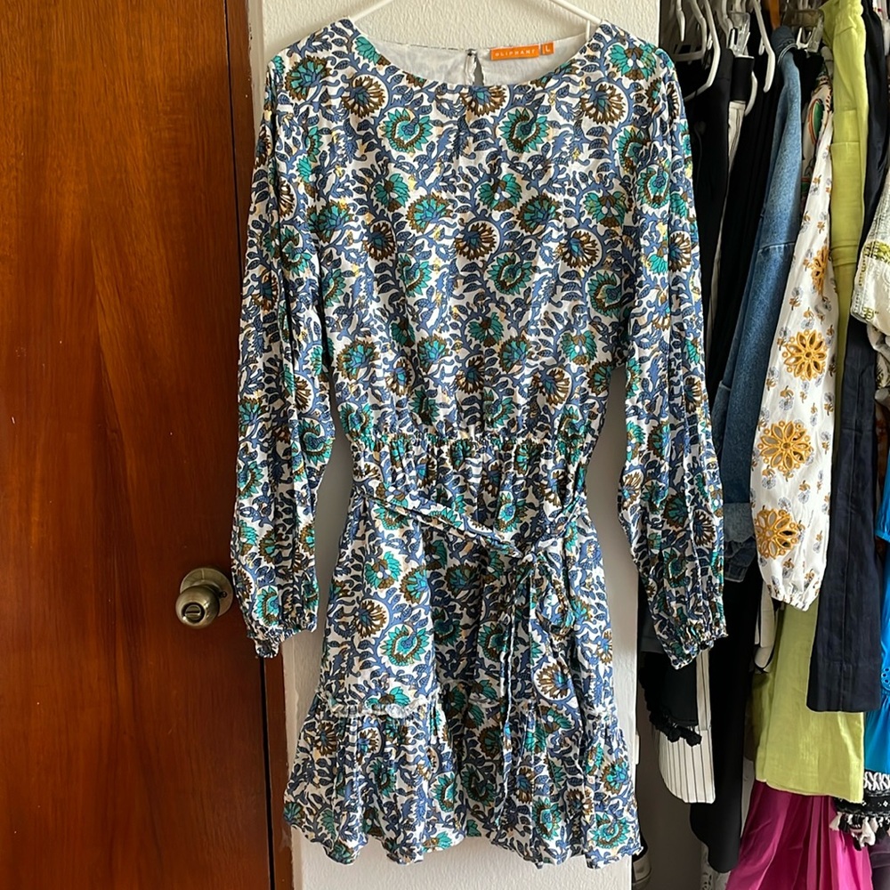 Oliphant Floral Metallic Gold Blue Long Sleeved Dress Large